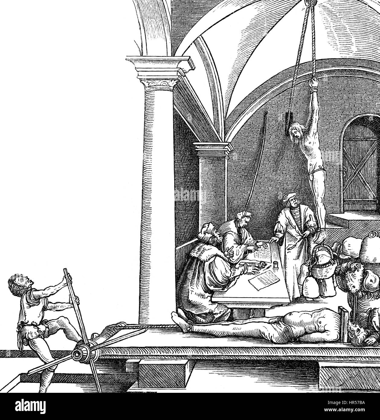 Court hearing and waterboarding torture, 16th century, Germany Stock Photo
