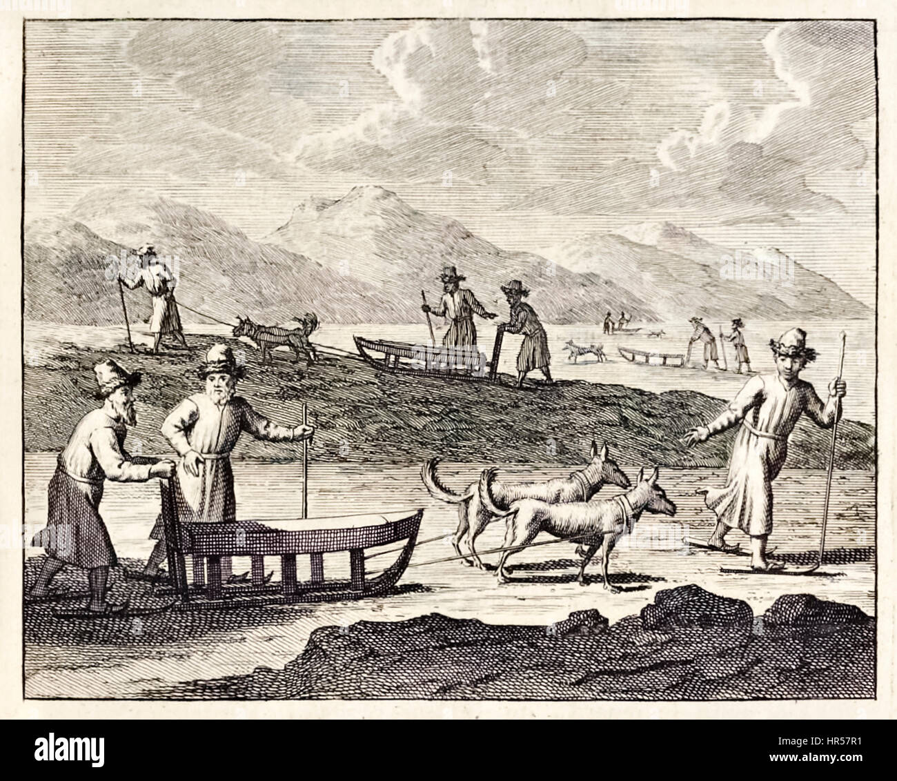 “Russians travelling with Dog sleds in Siberia.” From the ‘Voyages de Corneille le Brun’ by Cornelis de Bruijn (1652-1726) Dutch artist and traveller published in 1718. Stock Photo