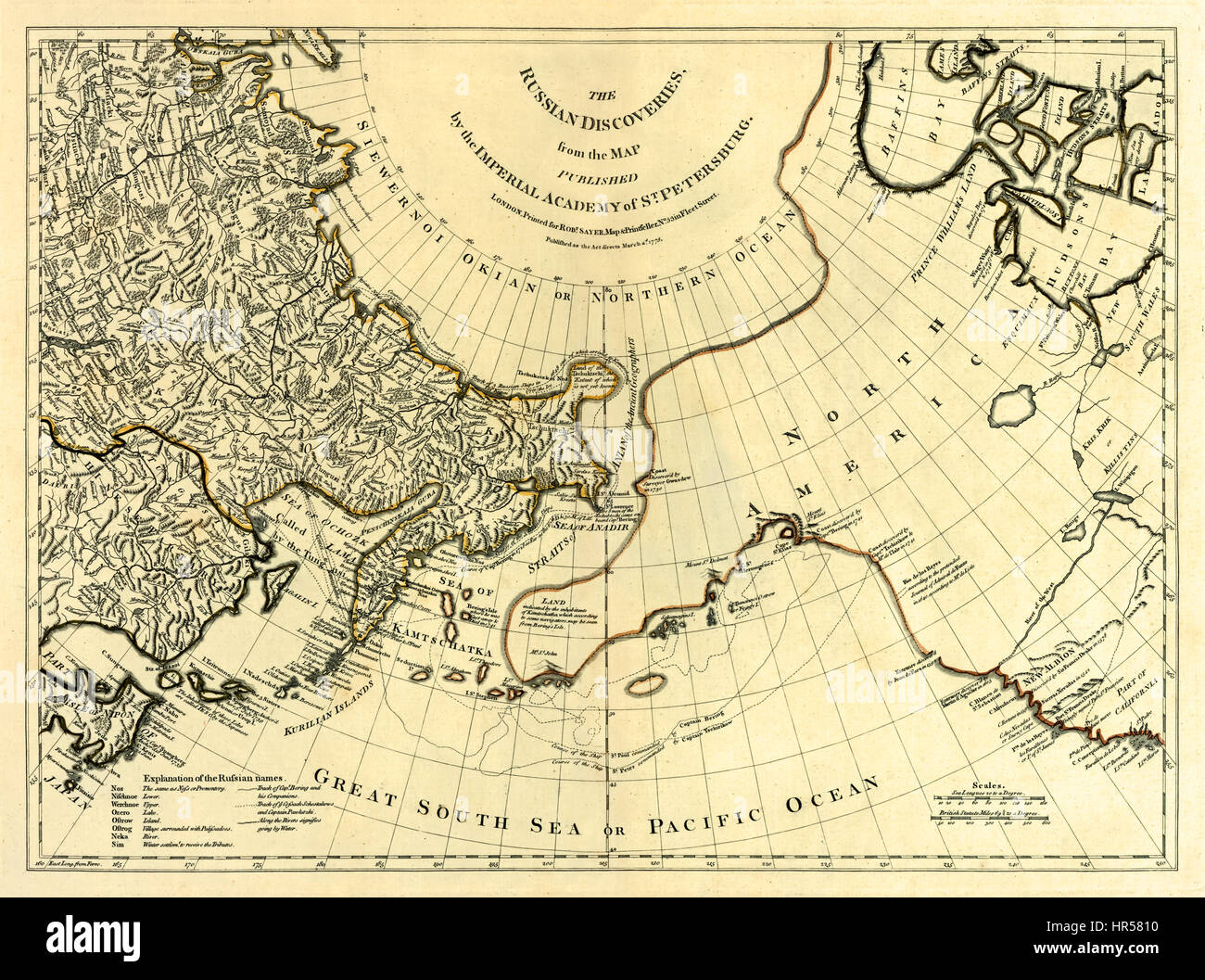 “The Russian discoveries from the map published by the Imperial Academy of St. Petersburg.” Showing the exploration of the far east of Russia published in 1775 by English cartographer Thomas Jefferys (c.1719-1771). Stock Photo