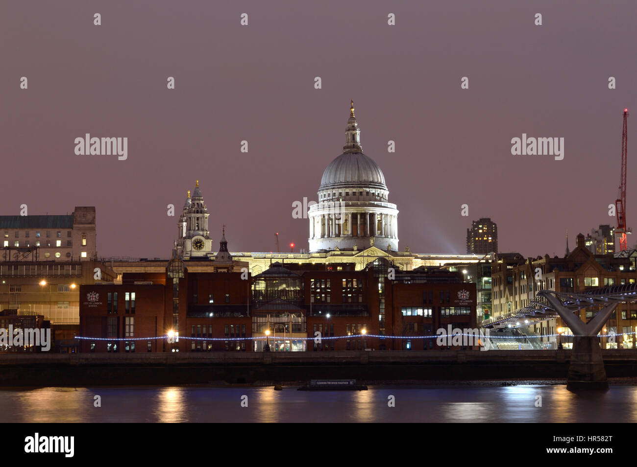 View over the Thames river to St Paul's cathedral at night in 2017, London, cityscape, UK Stock Photo