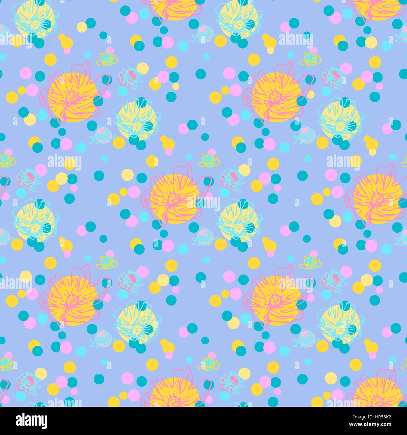 Circles and flowers. Abstract seamless pattern on blue background for ...