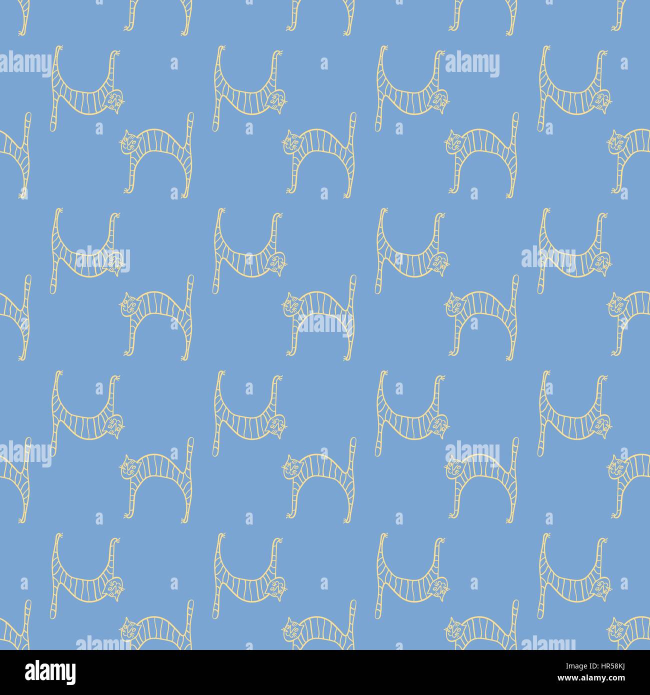Seamless pattern with doodle cute cats on blue background. Vector ...