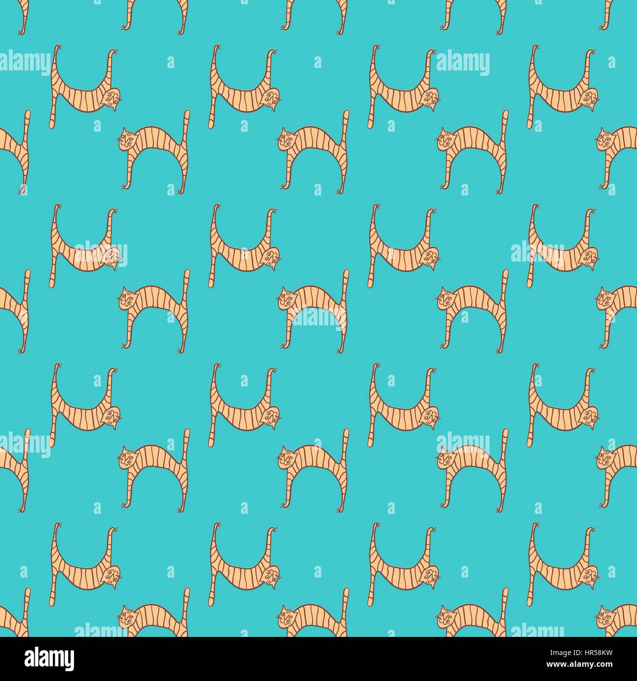 Seamless pattern with doodle cute cats on blue background. Vector ...