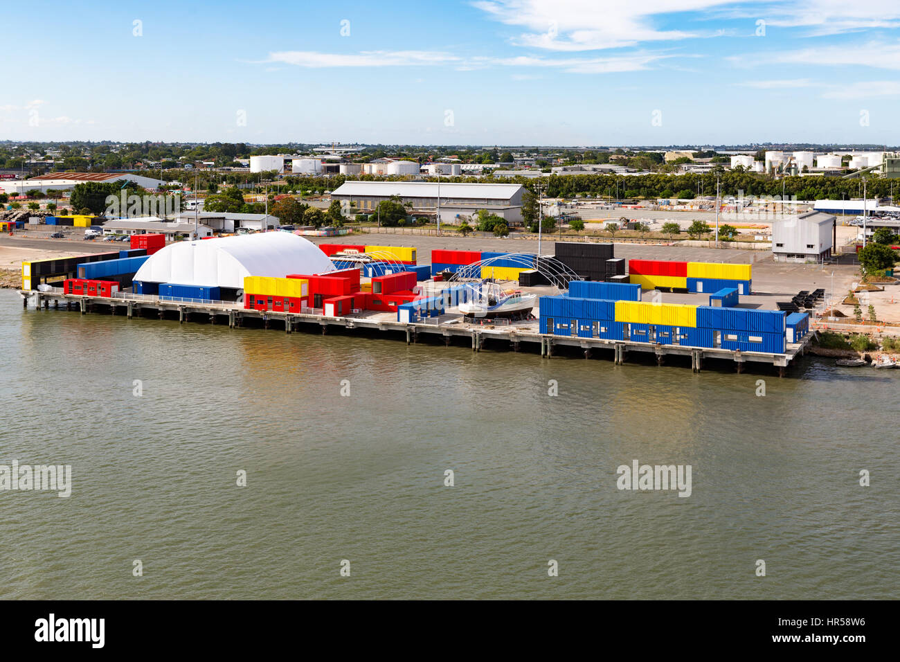 The Eat Street markets, built using converted shipping containers, on the Brsibane River