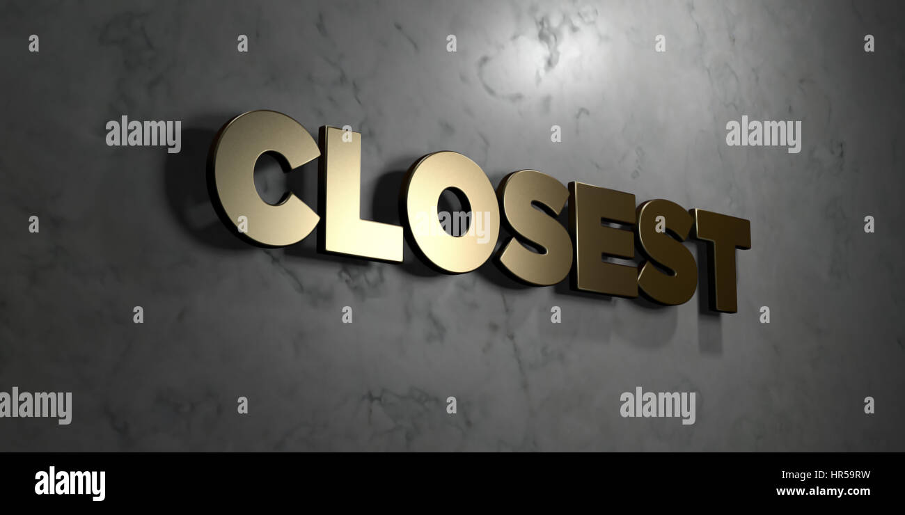 Closest Gold sign mounted on glossy marble wall 3D rendered royalty