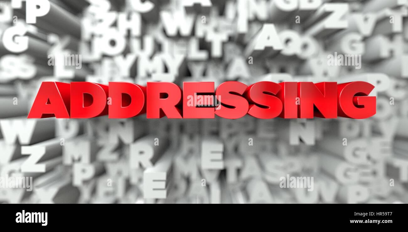 ADDRESSING - Red text on typography background - 3D rendered royalty ...