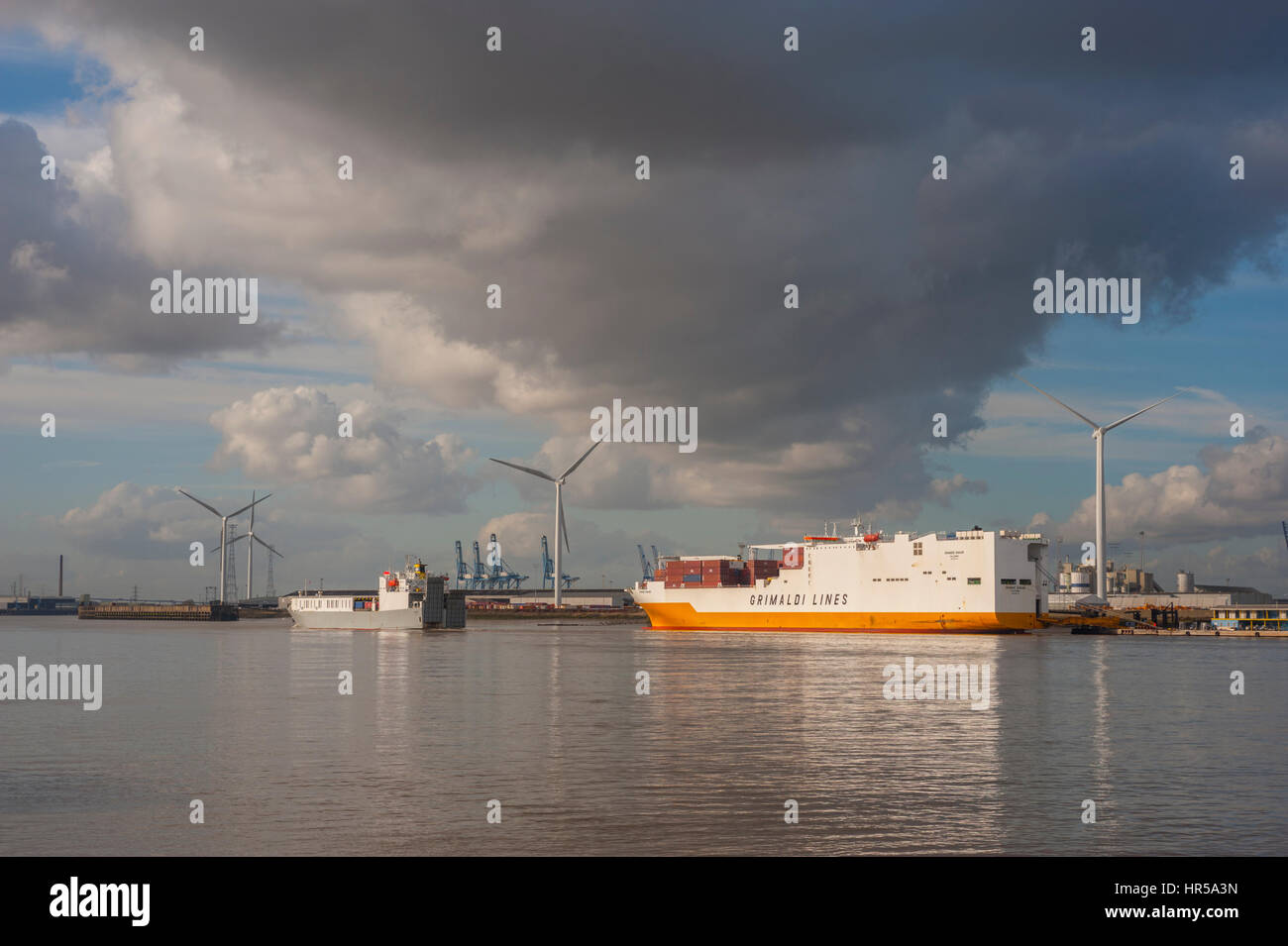 Cargo Boats on the thames at tilbury docks, taken from Northfleet Stock Photo