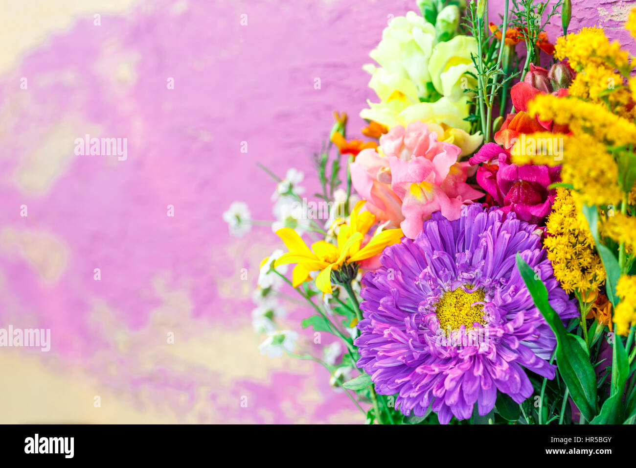 Bouquet of garden flowers on colorful background Stock Photo - Alamy