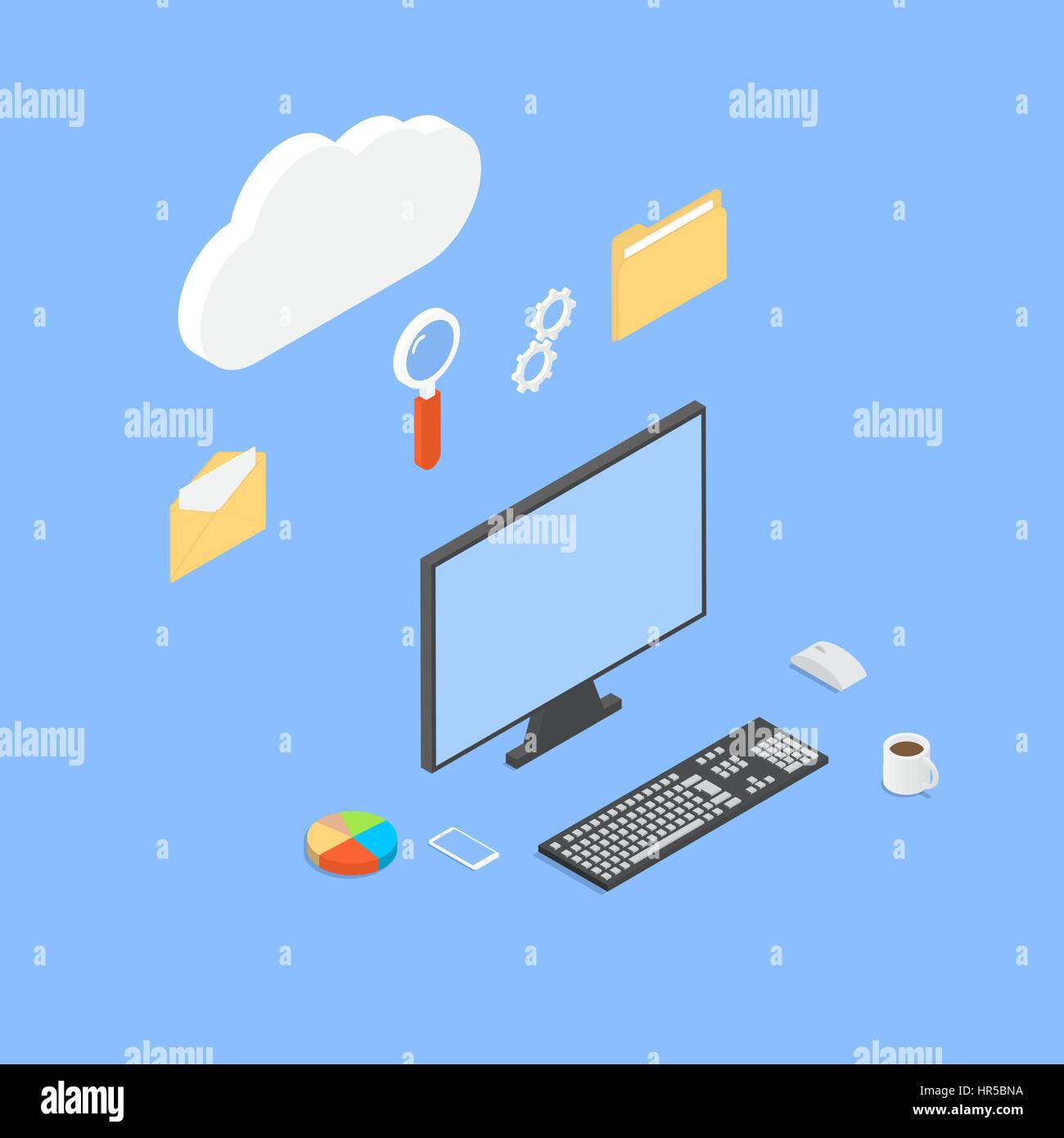 Office computer network work online. Vector illustration Stock Vector