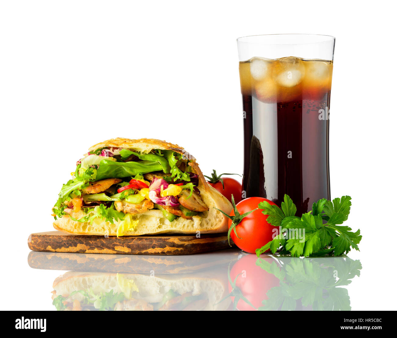 Doner Kebap Sandwich with Fresh Vegetables, Meat  and Cold Ice Cola Isolated on White Background Stock Photo