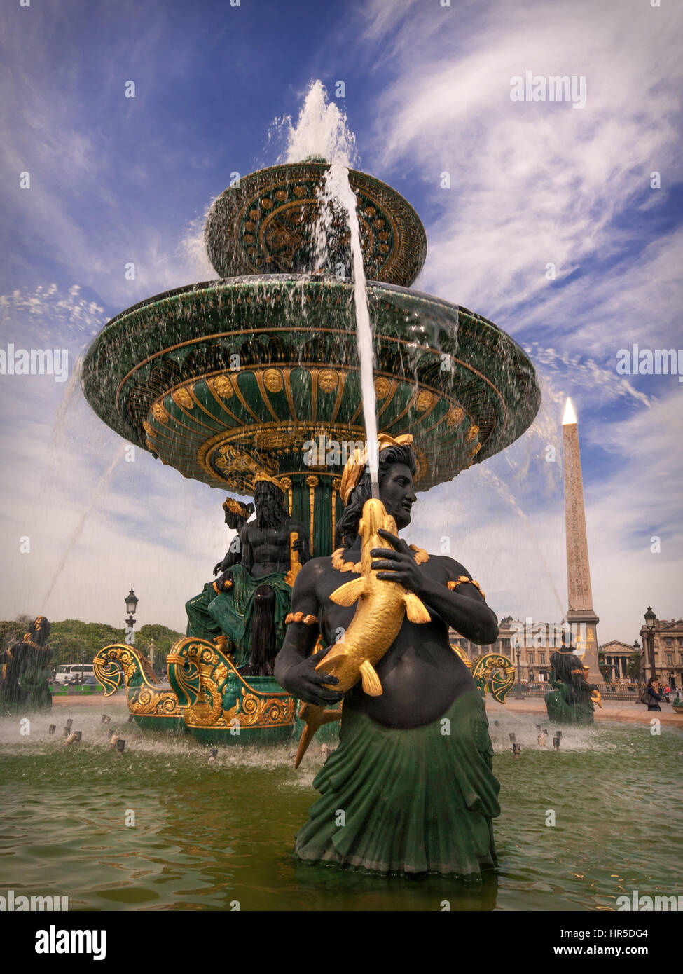 Fountain on Place de la Concorde in Paris, France. The Luxor Obelisk is in the background. Stock Photo