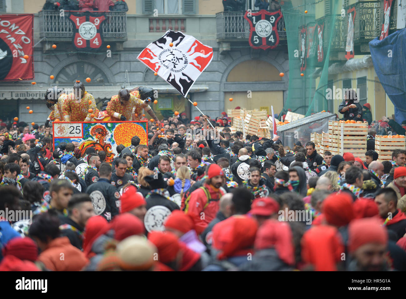 Ivrea Carnival, moments from the Organes Battle Stock Photo