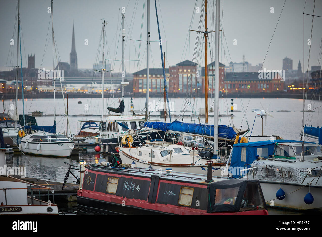 Morning dull light Boats mored a moorings in the Preston Marina basin at Edward Dock Ashton-on-Ribble  Riversway Docklands, Lancashire, England, UK Stock Photo