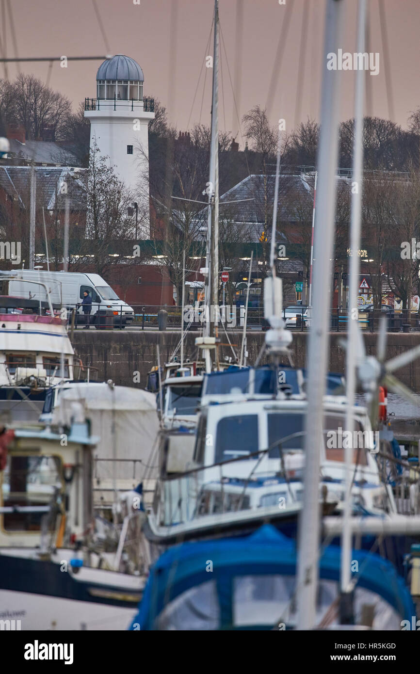 Morning dull light Boats mored a moorings in the Preston Marina basin at Edward Dock Ashton-on-Ribble  Riversway Docklands, Lancashire, England, UK Stock Photo