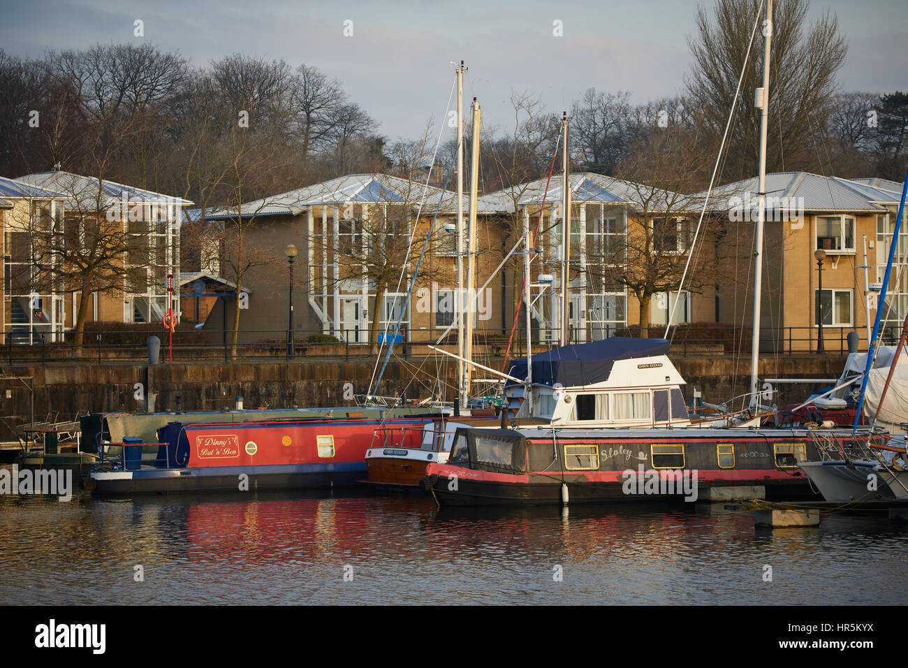 Morning dull light Boats mored a moorings in the Preston Marina basin at Edward Dock Ashton-on-Ribble  Riversway Docklands, Lancashire, England, UK Stock Photo