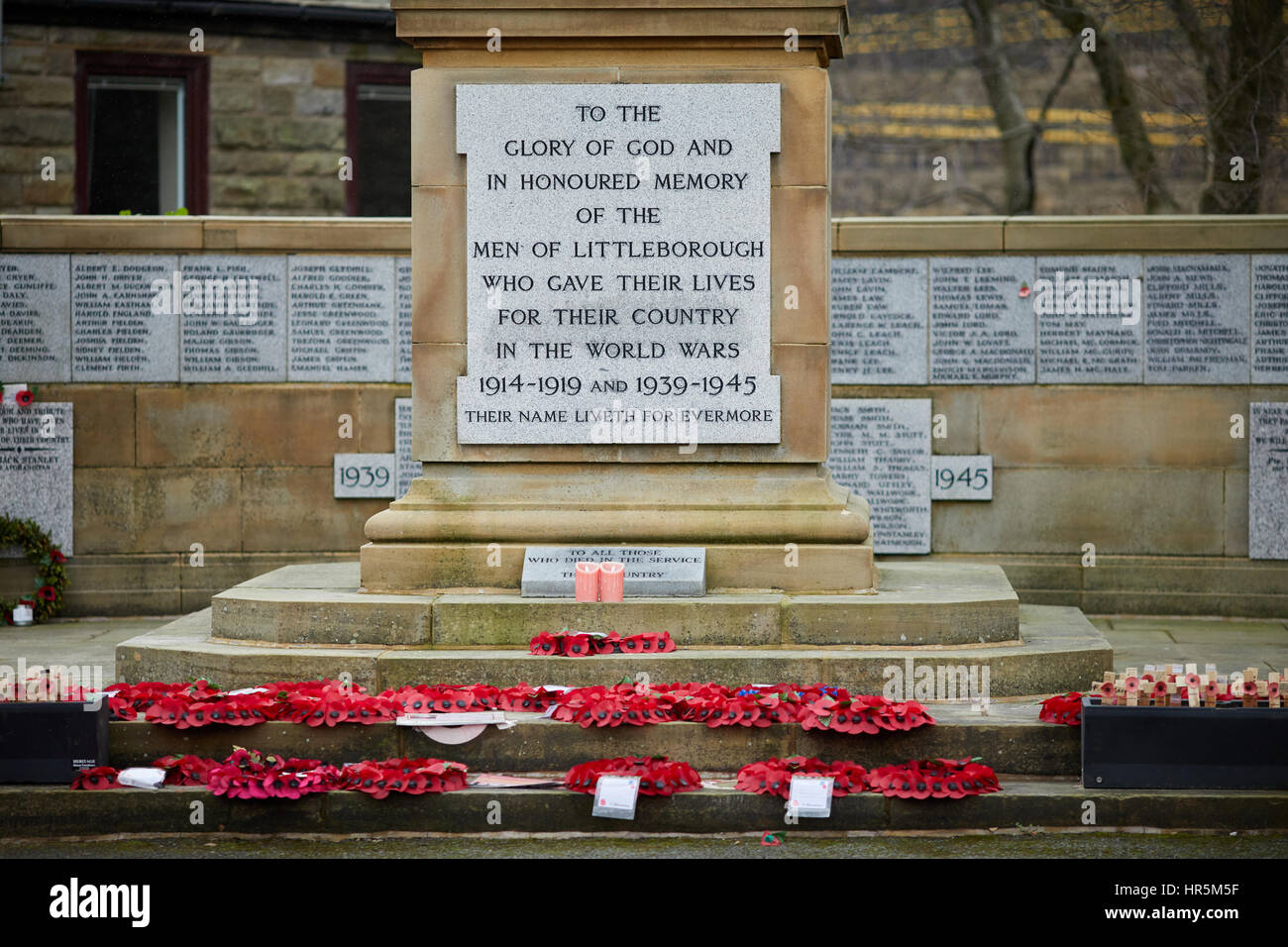 British legion remembrance day Poppies around cenotaph in the village of Littleborough, Rochdale, Lancashire, England, UK. Stock Photo