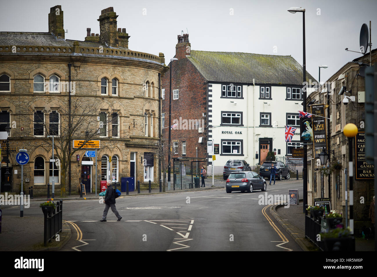 Pubs and shops  at the main village crossroad in Littleborough, Rochdale, Lancashire, England, UK. Stock Photo