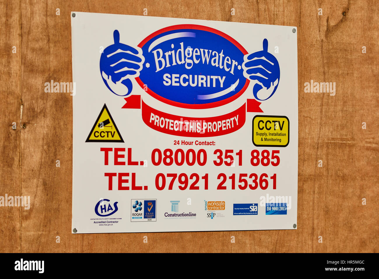Salford Based, Bridgewater Security sign on a development in Manchester  , England,UK Stock Photo