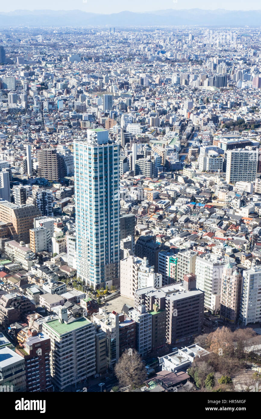 Panoramic view of Tokyo metropolis from the observation deck of the North Tower of the Tokyo Metropolitan Government Building complex in Shinjuku. Stock Photo