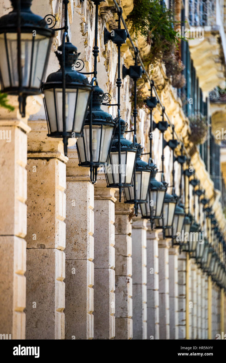 Corfu, Greece - June 3, 2015: Line of classical street lamps in Corfu, Greece. Stock Photo