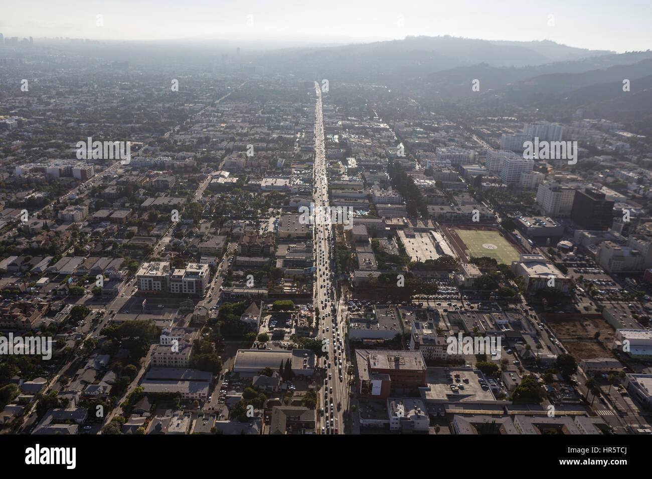 Los Angeles, California, USA - August 6, 2016:  Aerial view of thick summer smog over Sunset Blvd in Hollywood. Stock Photo