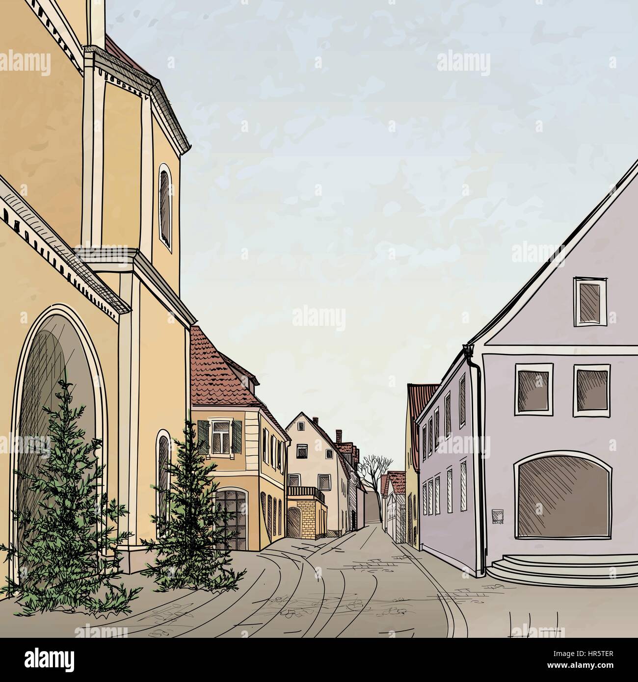 Street View In Old City Cityscape Houses Buildings And Tree On Alleyway Medieval European Landscape Stock Vector Image Art Alamy