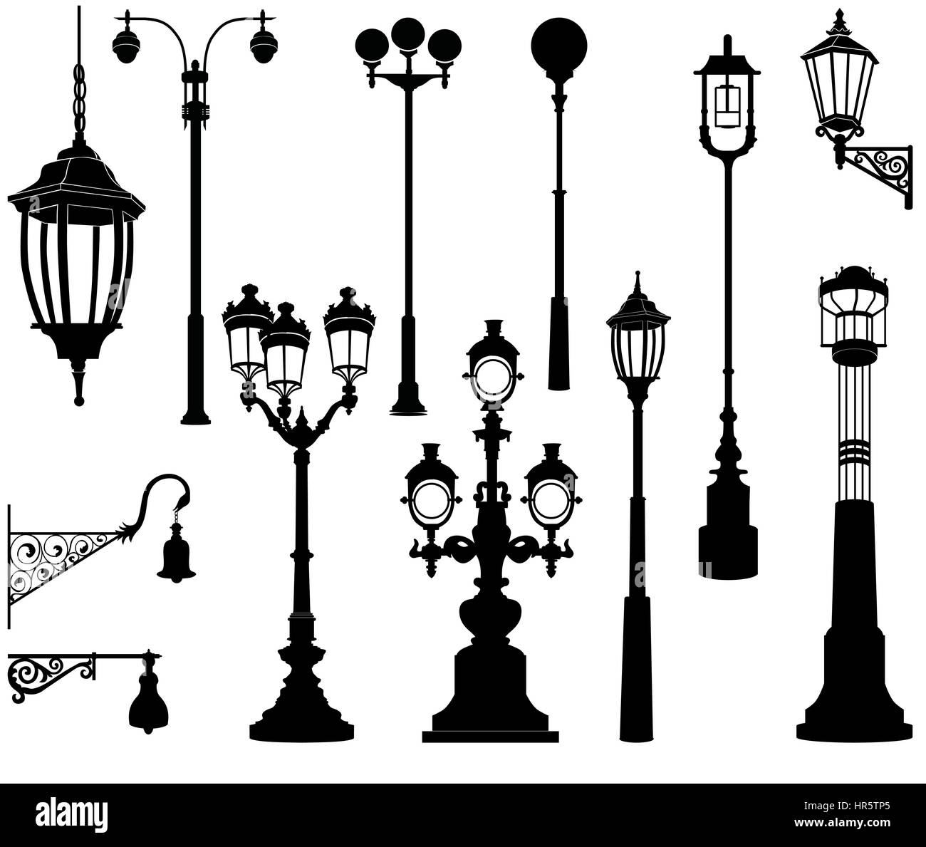 Street lamp set. Streetlignt silhouette city collection Stock Vector