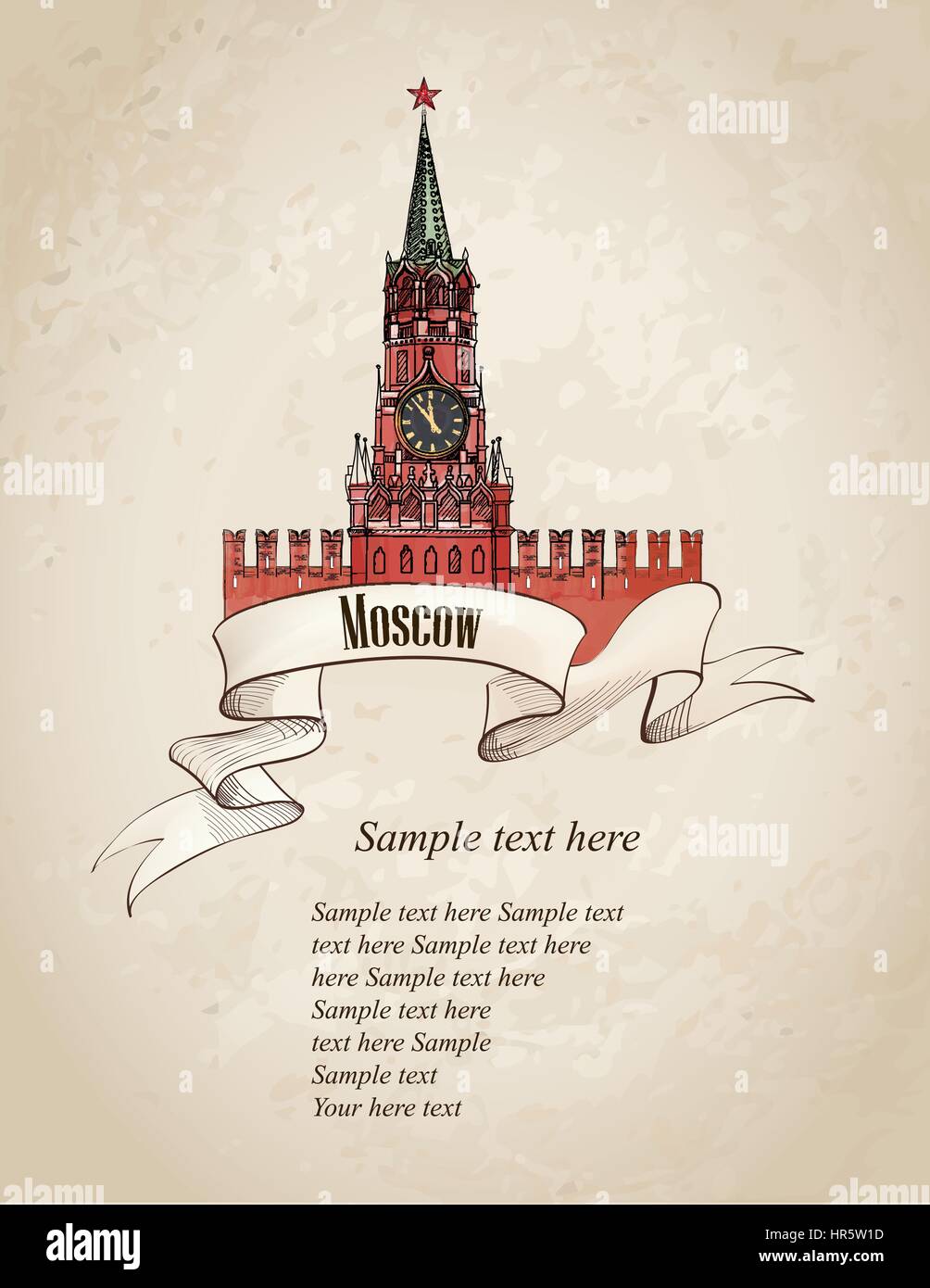 Moscow city symbol. Spasskaya tower, Red Square, Kremlin, Moscow, Russia. Travel Moscow old-fashioned background. Stock Vector