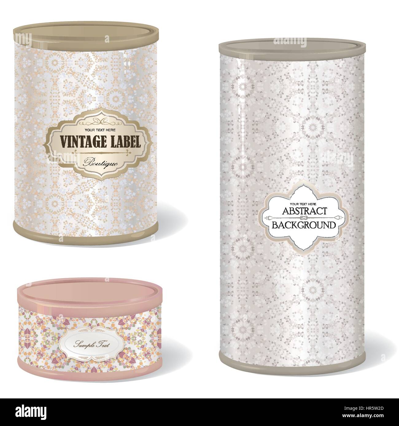 Metal Can Set. Blank tincan collection with vintage label. Metal Tin