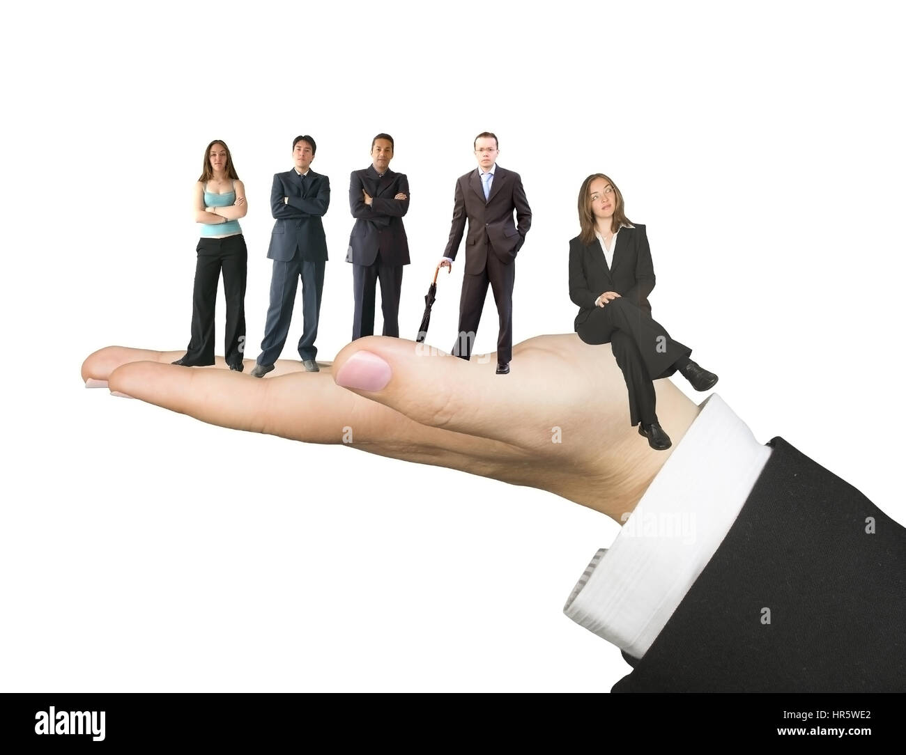 hand of a woman over white facing up with business people on it Stock Photo
