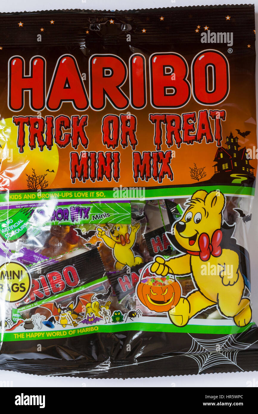 Pack of Haribo Trick or Treat mini Mix sweets ready for Halloween Stock Photo