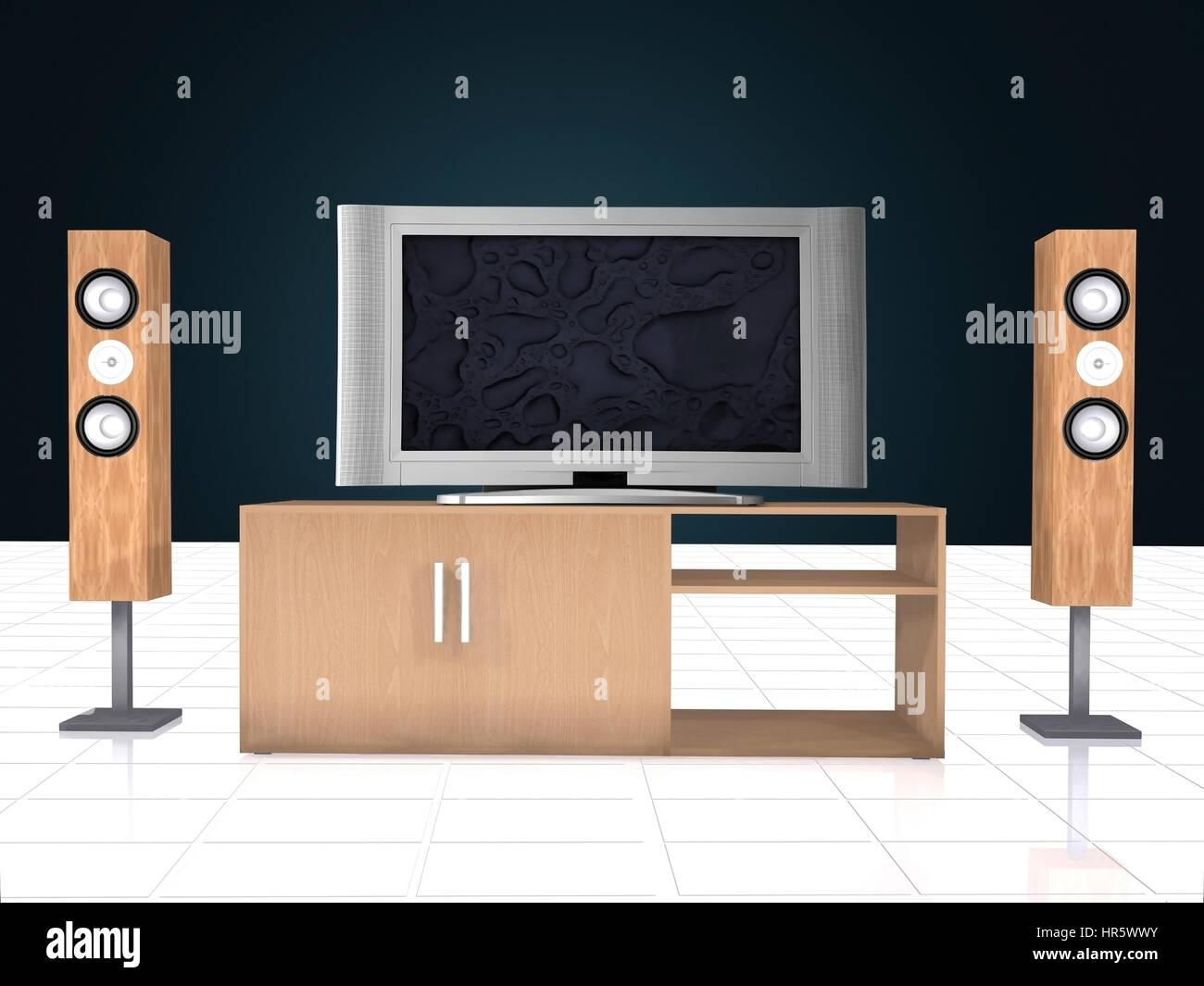 Speaker Rendeing 3d rendering of a home theatre system including speakers and furntiure ...
