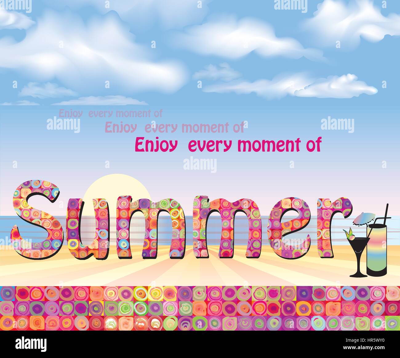 Hello summer background. Summer holidays cover with sun and ray beams