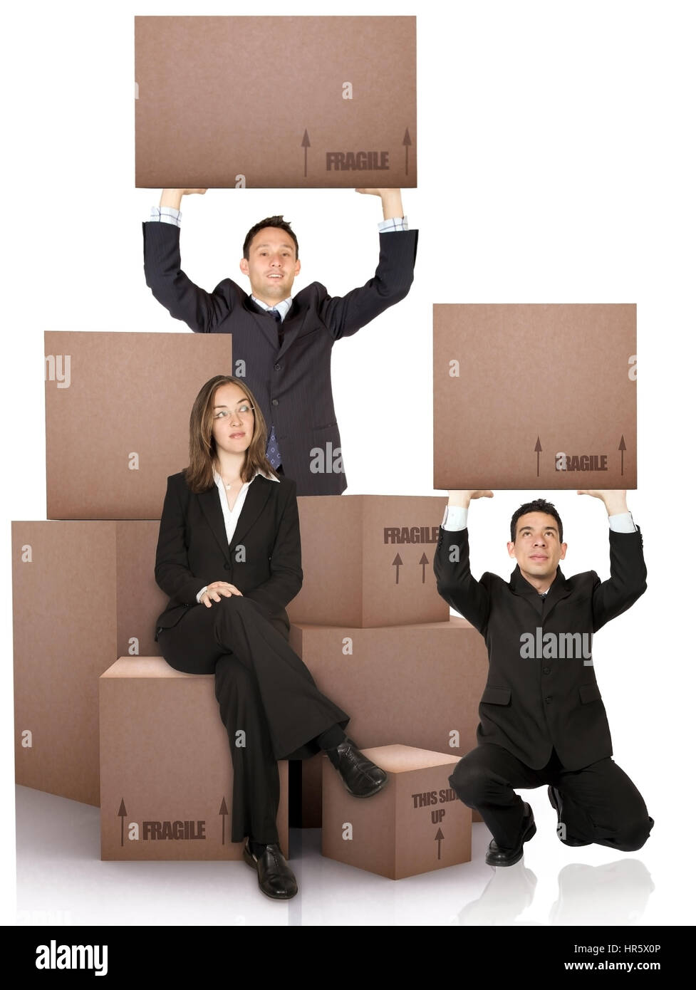 business woman with packed cardboard boxes and two men over a white background Stock Photo