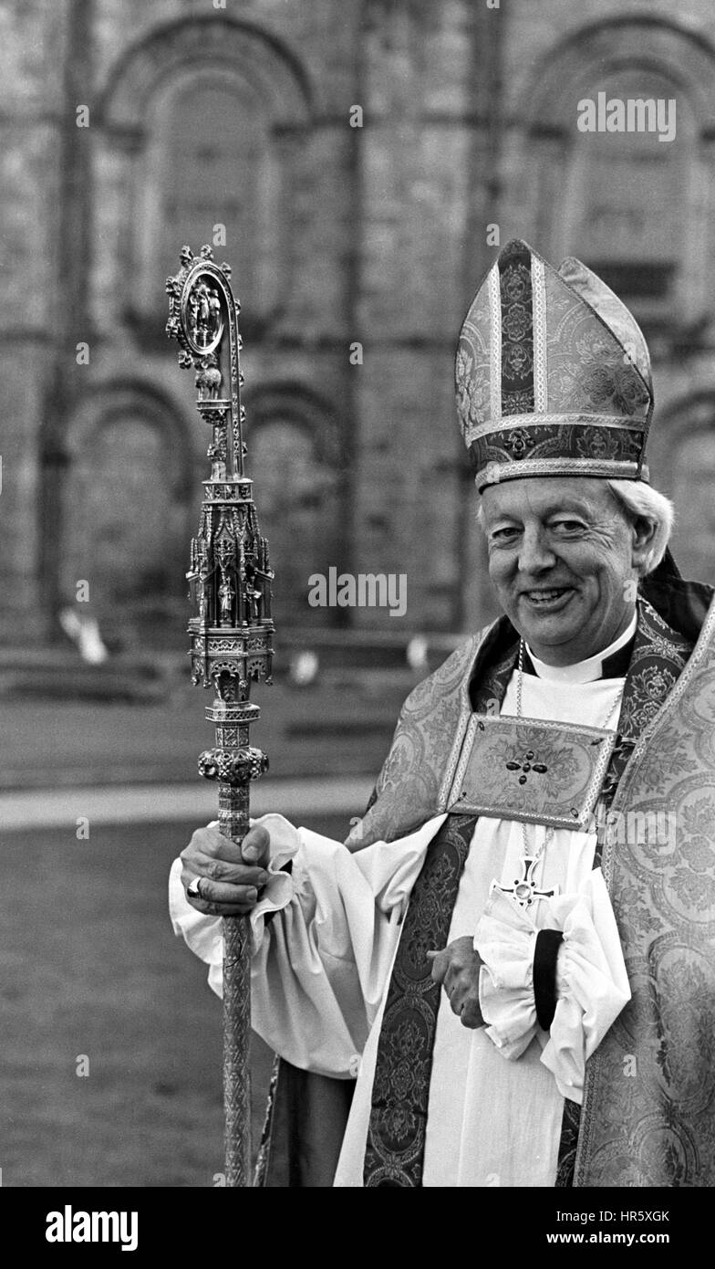 The 68th Bishop of Durham, the Right Reverend David Jenkins, outside Durham Cathedral before his enthronement ceremony. Stock Photo