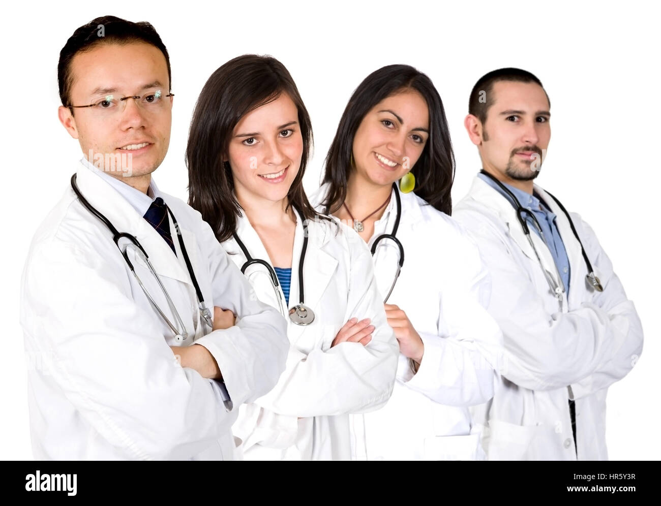 medical team with male and female doctors over a white background Stock Photo