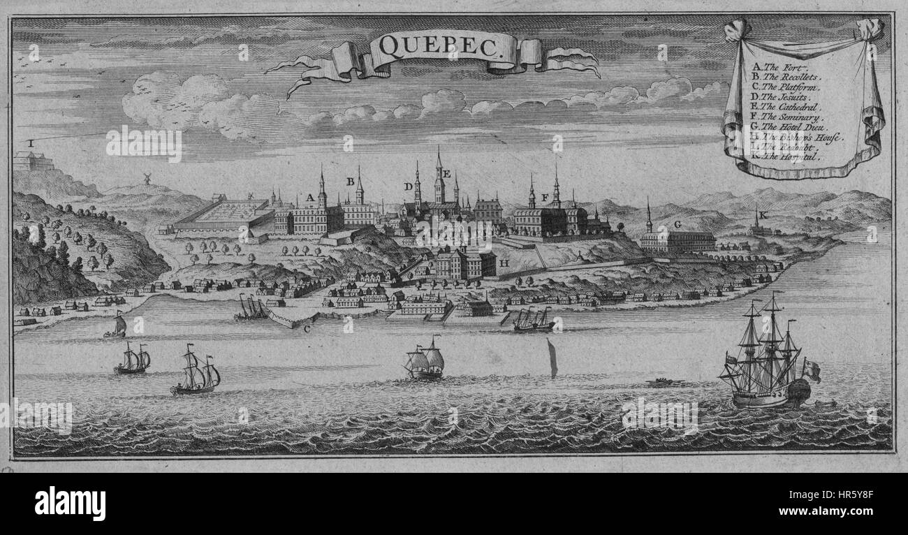 Illustration of the Fort at Quebec, including the reallets, the platform, the cathedral, the hospital, among other structures, 1733. From the New York Public Library. Stock Photo