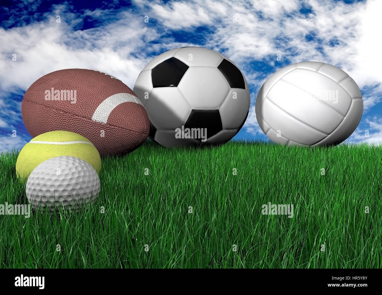 sports balls on grass horizontal made in 3d Stock Photo Alamy