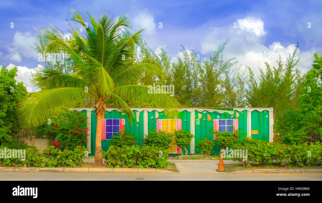 Container painted as a house by the roadside on Grand Cayman, Cayman Islands Stock Photo
