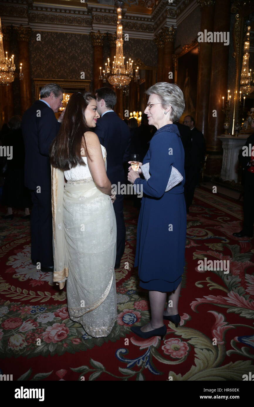 Ayesha Dharker(left) speaks to the Duchess of Gloucester during a reception to mark the launch of the UK-India Year of Culture 2017 at Buckingham Palace, London. Stock Photo