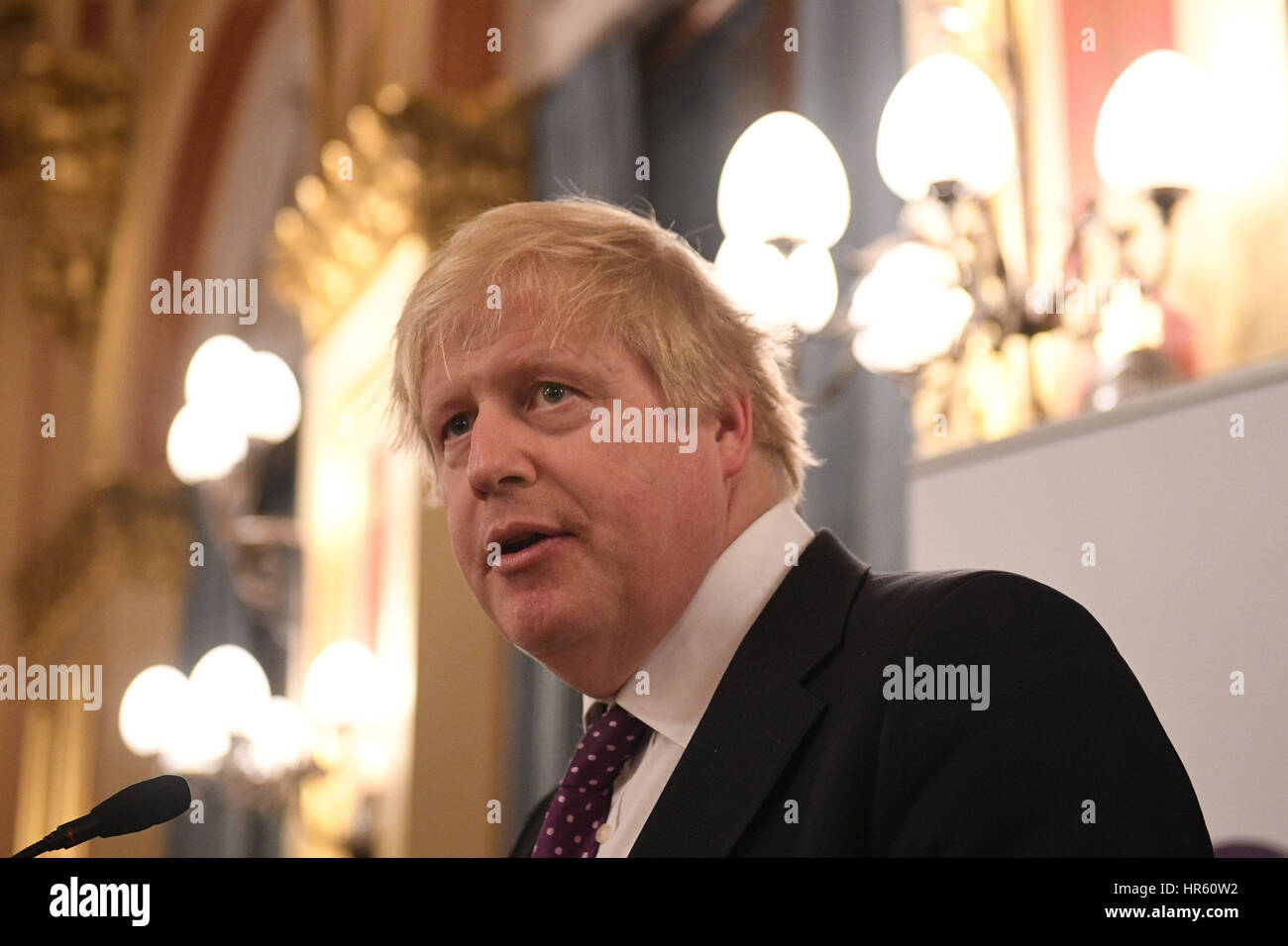 Foreign Secretary Boris Johnson speaks at a reception to celebrate International Women's Day at the Foreign and Commonwealth Office, London. Stock Photo