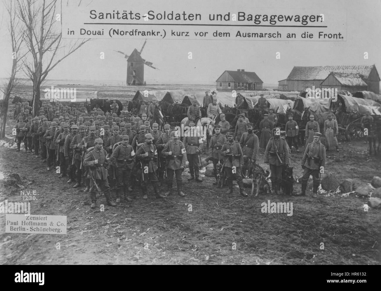 German medics and medical supplies beginning the march to the western front in northern France, World War I, 1915. From the New York Public Library. Stock Photo