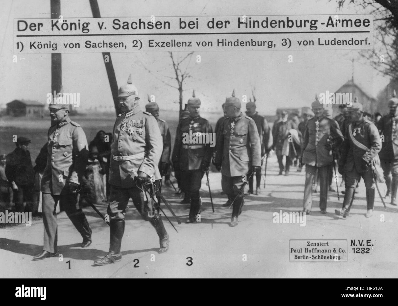 World War I German General von Hindenburg and General von Ludendorf walking with the King of Saxony and German soldiers, 1915. From the New York Public Library. Stock Photo