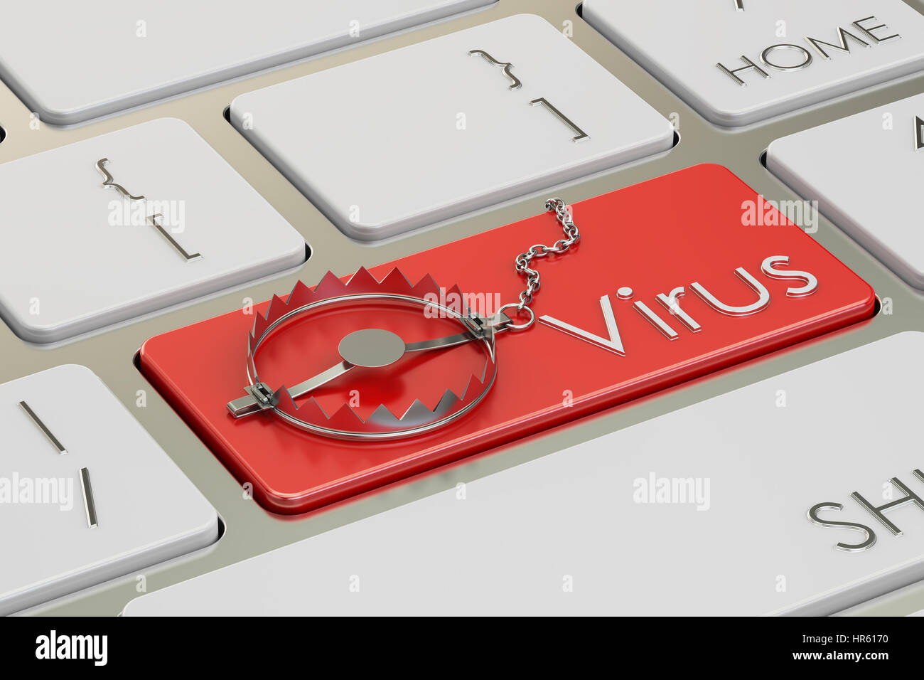 Virus button with trap, on the computer keyboard. 3D rendering Stock Photo