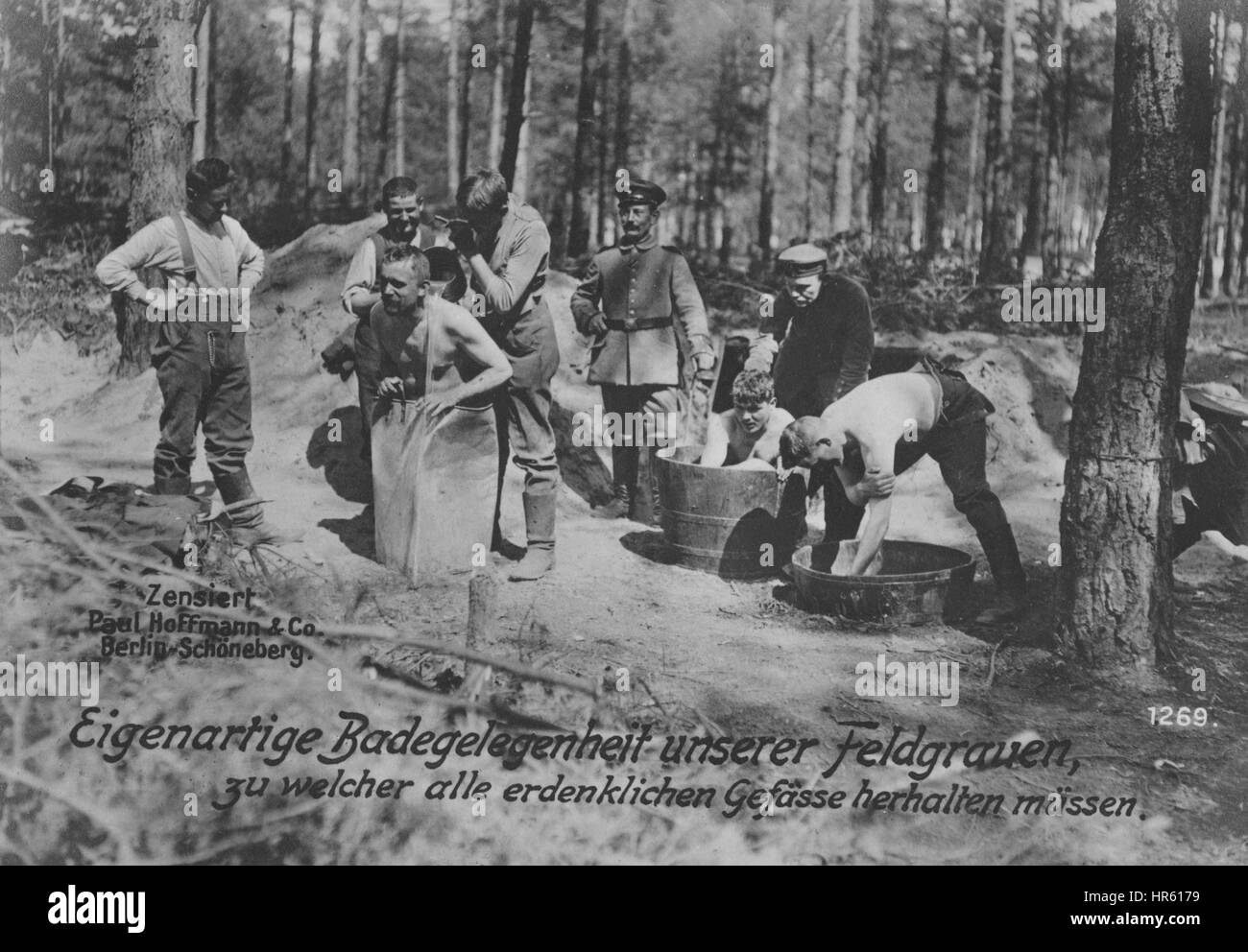 German soldiers bathing in barrels, World War I, 1915. From the New York Public Library. Stock Photo