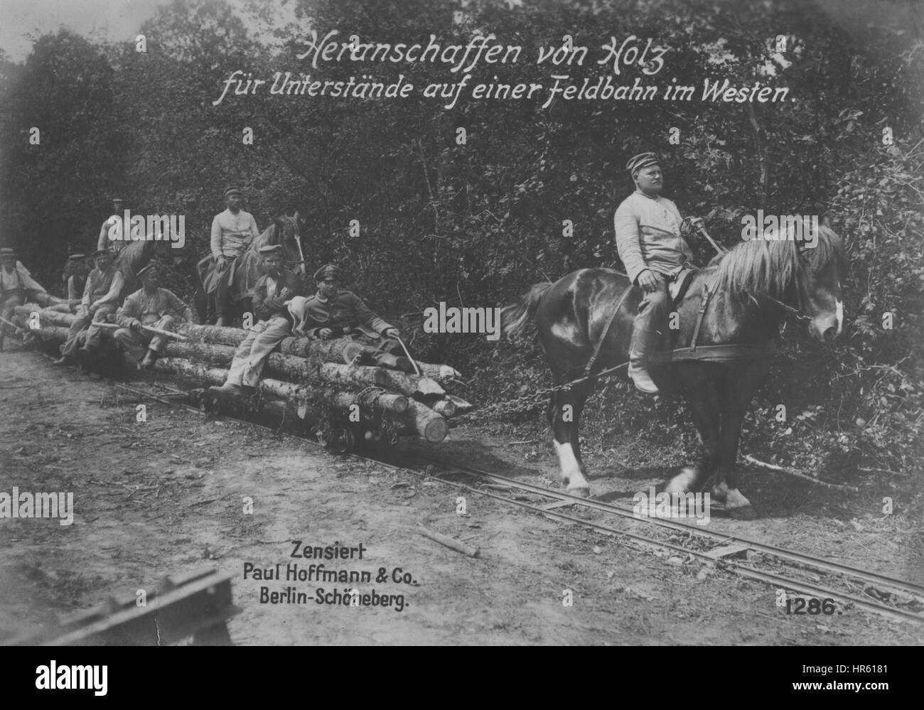German army collecting wood along a railroad in the western front, World War I, 1915. From the New York Public Library. Stock Photo
