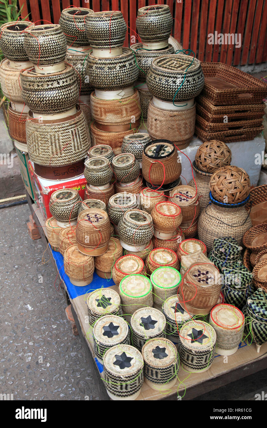 Laos, Luang Prabang, market, handicraft, rice containers Stock Photo