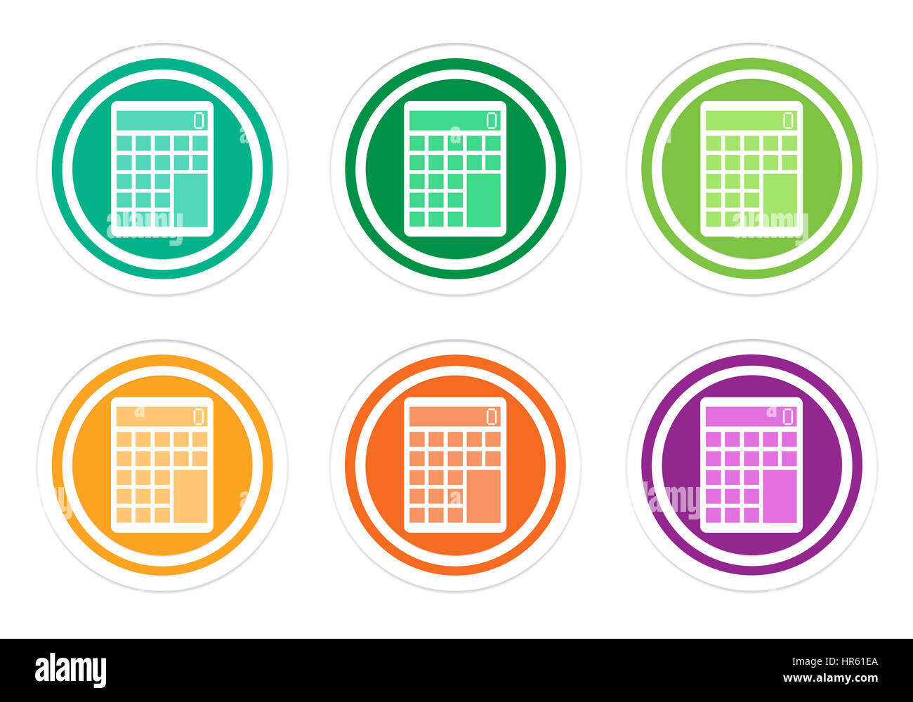 Set of rounded colorful icons with calculator symbol in green, yellow ...