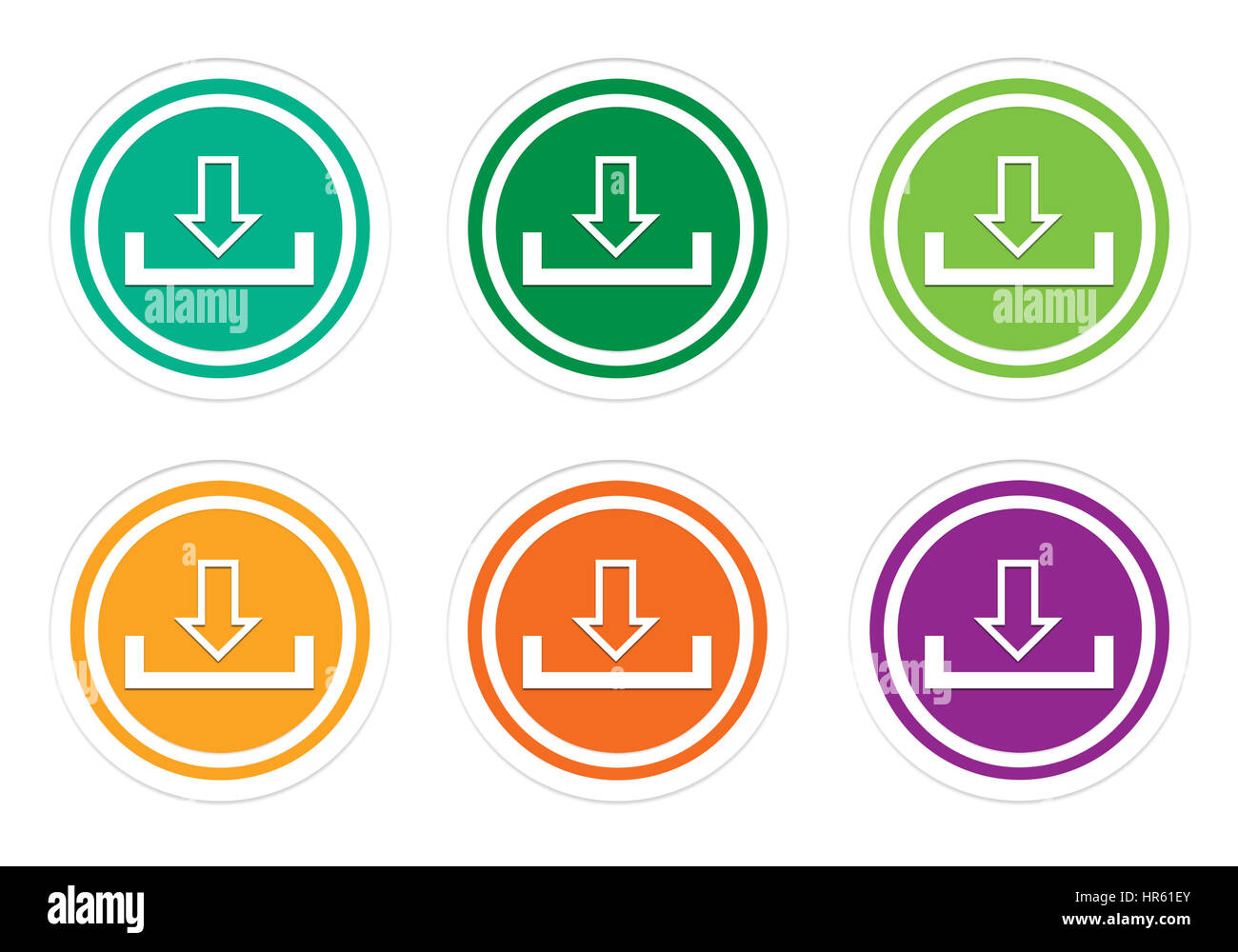 Set of rounded colorful icons with download symbol in green, yellow ...