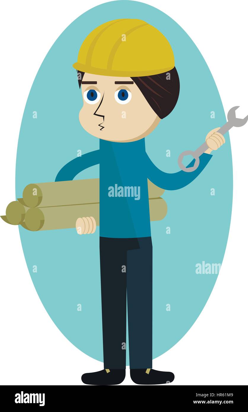 Construction worker, engineer or architect holding projects and wrench cartoon character, vector illustration Stock Vector